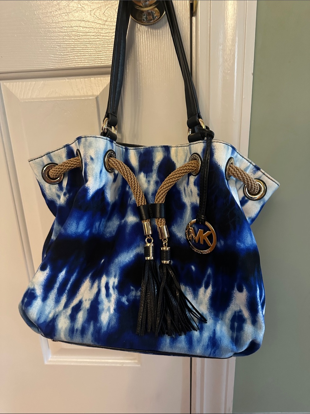 Michael Kors Blue and White Tie-Dye Drawstring Shoulder Bag